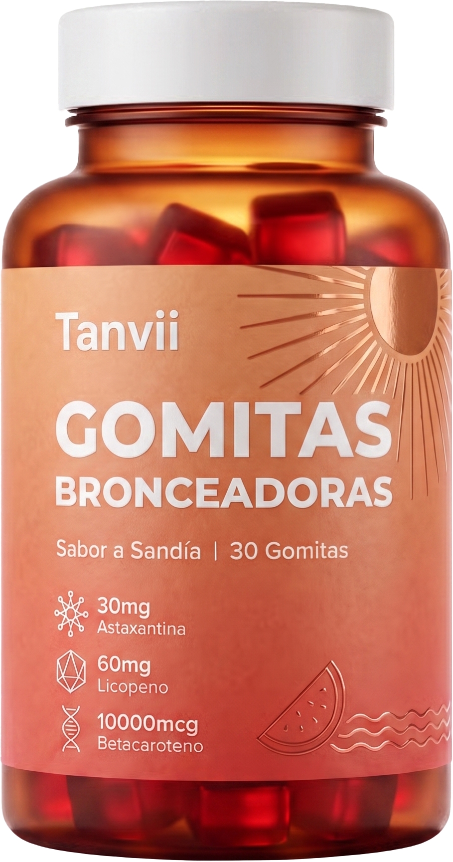 An amber bottle of Tanvii Tanning Gummies, watermelon flavor, against a white background.